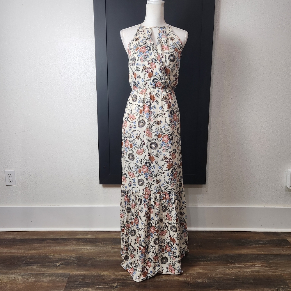 American Eagle Outfitters Cream Floral Maxi Dress with Blue and Rust Accents
